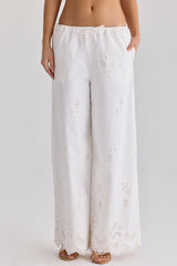 Mirea White Cotton Broderie Anglaise Wide Leg Trousers