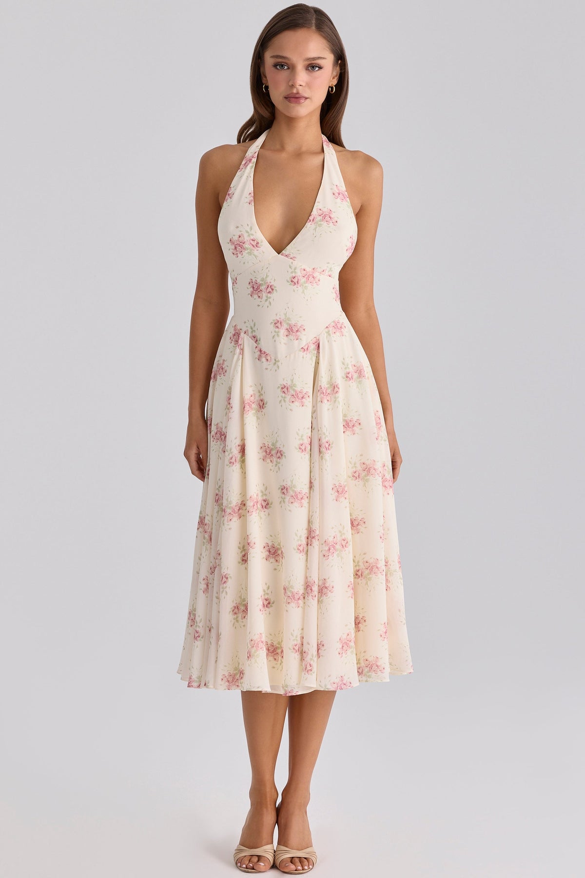 Solada Ivory Vintage Rose Print Georgette Midi Halter Dress