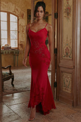 Anastelle Red Hand Beaded Embellished Satin Maxi Dress - Limited Edition