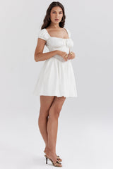 Nala White Cotton Gathered Mini Dress