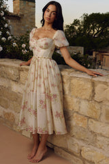Penelope Ivory Vintage Rose Print Chiffon Midi Dress