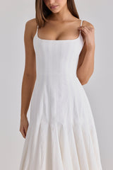 Vionne White Pleated Cotton Godet Midi Dress