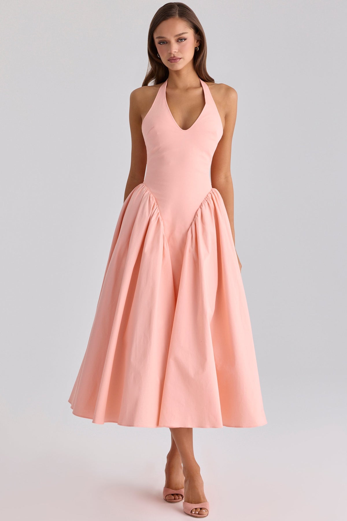 Marilyn Peach Cotton Halter Neck Midi Sundress