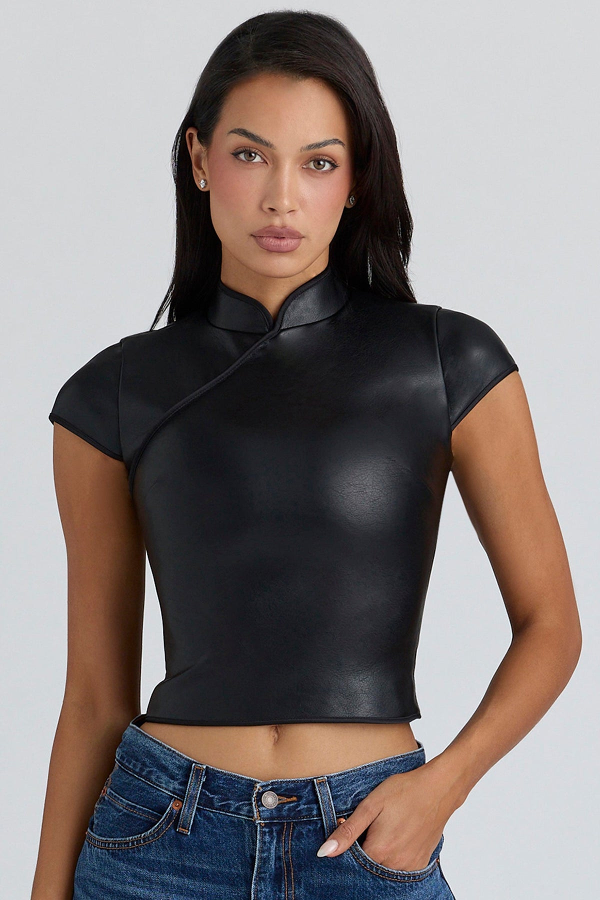 Bobbi Black Vegan Leather Mandarin Collar Top