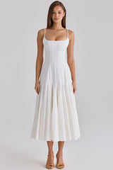 Vionne White Pleated Cotton Godet Midi Dress