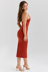Ria Terracotta Stretch Cotton Fitted Midi Dress