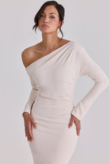 Arista Vintage Ivory Draped Crepe One Shoulder Midi Dress