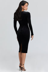 Asha Black Velvet Silhouette Midi Dress