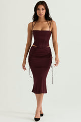 Sidonie Wine Satin Lace Up Midi Skirt