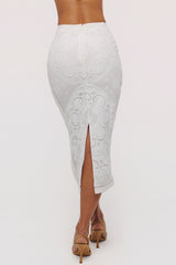 Cecilia White Cotton Placement Lace Broderie Anglaise Midi Skirt