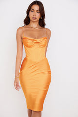 Myrna Tangerine Satin Corset Midi Dress