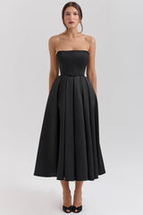 Contessa Black Strapless Satin Corset Midi Dress