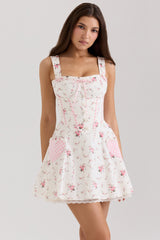 Marianella Cream Rose Print Stretch Cotton Mini Dress
