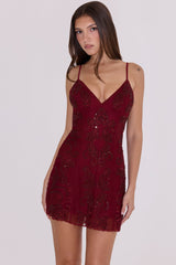 Catarina Wine Hand-Beaded Embellished Mini Dress - Limited Edition