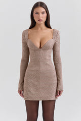 Angelie Brown Puppytooth Check Plunge Mini Dress