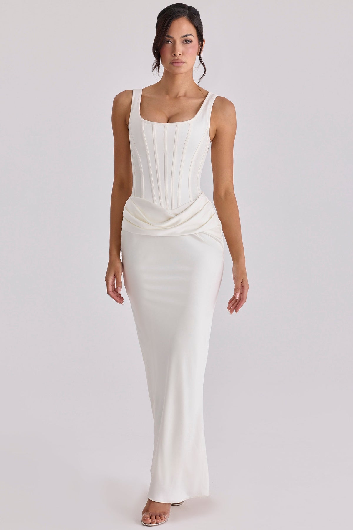 Kira Ivory Satin Gathered Maxi Dress