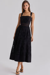 Ava Black Cotton Placement Broderie Anglaise Midi Dress