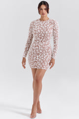 Alize White Floral Appliqué Backless Mini Bridal Gown