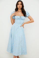 Tallulah Blue Ivory Floral Puff Sleeve Midi Dress