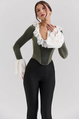 Jacinda Forest Green Velvet Lace Trimmed Corset Top