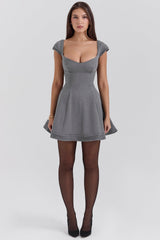 Cheri French Grey Fitted Mini Dress with Voluminous Skirt