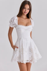 Lavina White Custom Lace + Cotton Broderie Anglaise Mini Dress