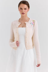 Anjou Cream Lambswool Floral Embroidered Cardigan