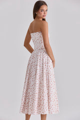 Gina White Rose Print Strapless Cotton Maxi Dress