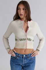 Mistle-Bow Cream Jacqard Wool Cardigan