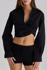 Ivara Black Long Sleeve Cropped Cotton Shirt