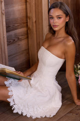 Jemima White Strapless Custom Lace Broderie Anglaise Mini Dress