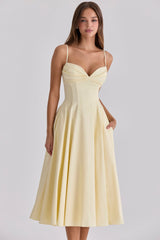 Dahlia Lemon Cotton Princess Cut  Midi Sundress