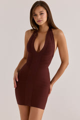 The Plunge Burnt Sugar Deep V Halter Mini  Bandage Dress