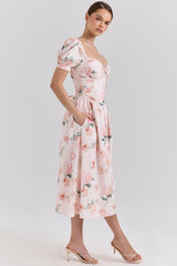 Lulabell Peach Floral Cotton Puff Sleeve Midi Dress