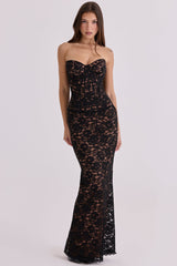 Solaine Black + Blush Lace Corset Maxi Dress