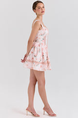 Kimmie Peach Floral Rose Print Cotton Mini Dress