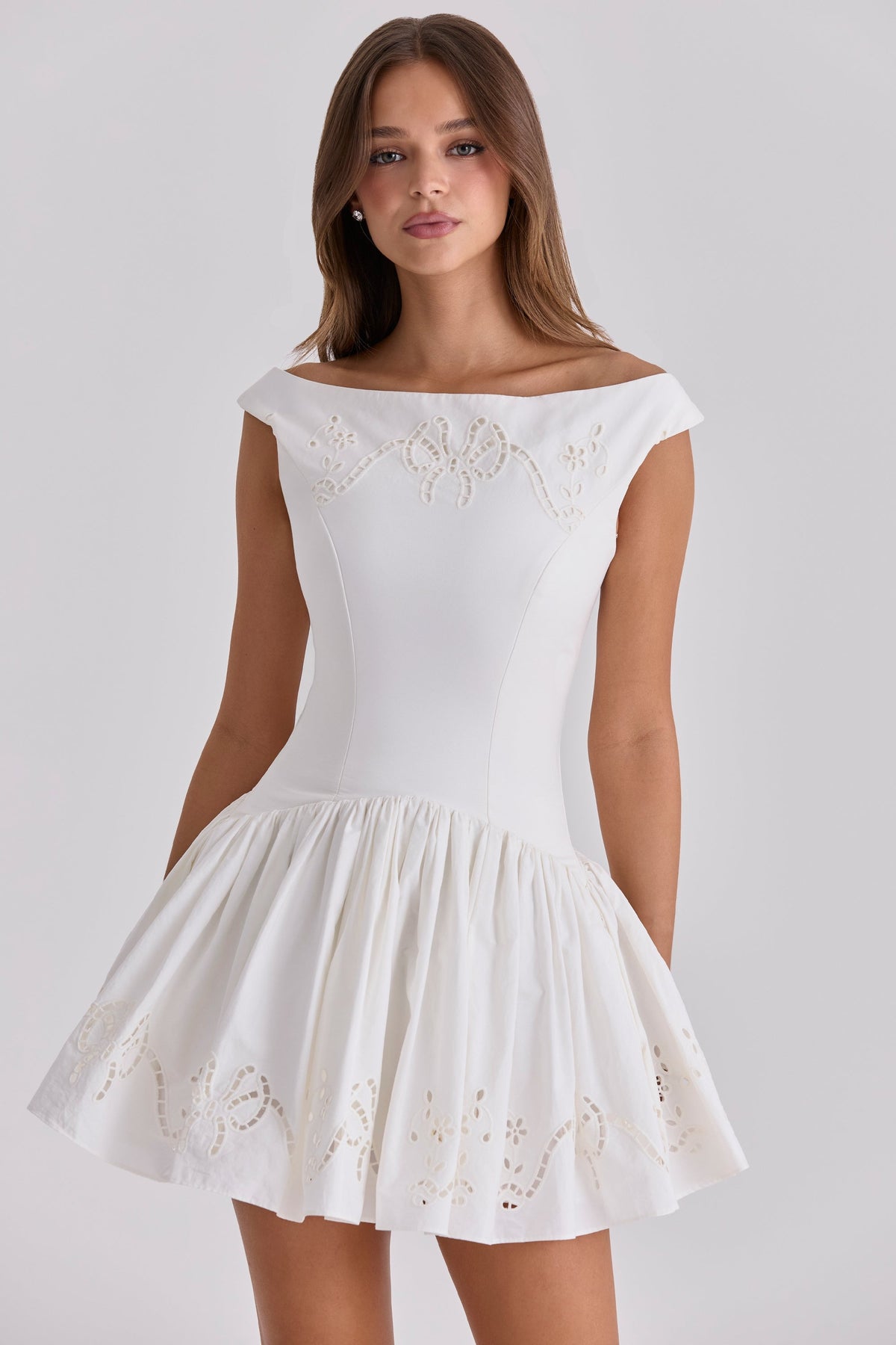 Lauren White Cotton Broderie Anglaise Boat Neck Mini Dress