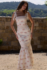 Alessina Ivory Vintage Rose Print Cotton + Lace Maxi Dress