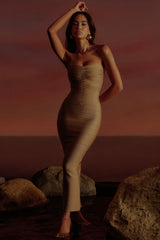 The Sweetheart Gold Shimmer Strapless V Waist Bandage Maxi Dress