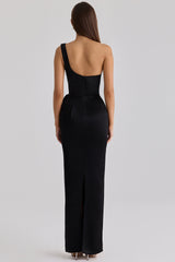 Caprice Black Satin One Shoulder Maxi Dress