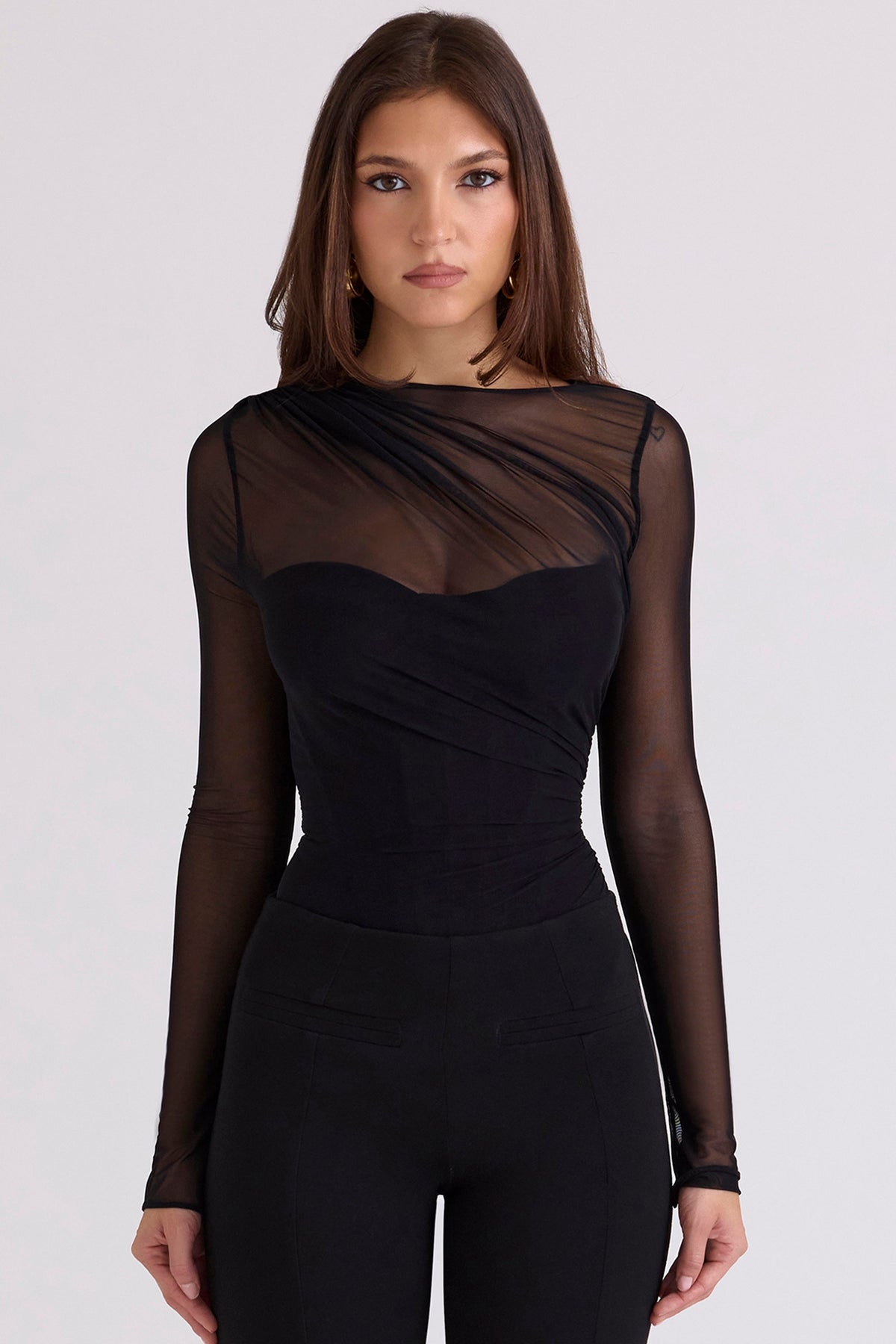 Orelia Black Draped Mesh Bodysuit