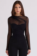 Orelia Black Draped Mesh Bodysuit