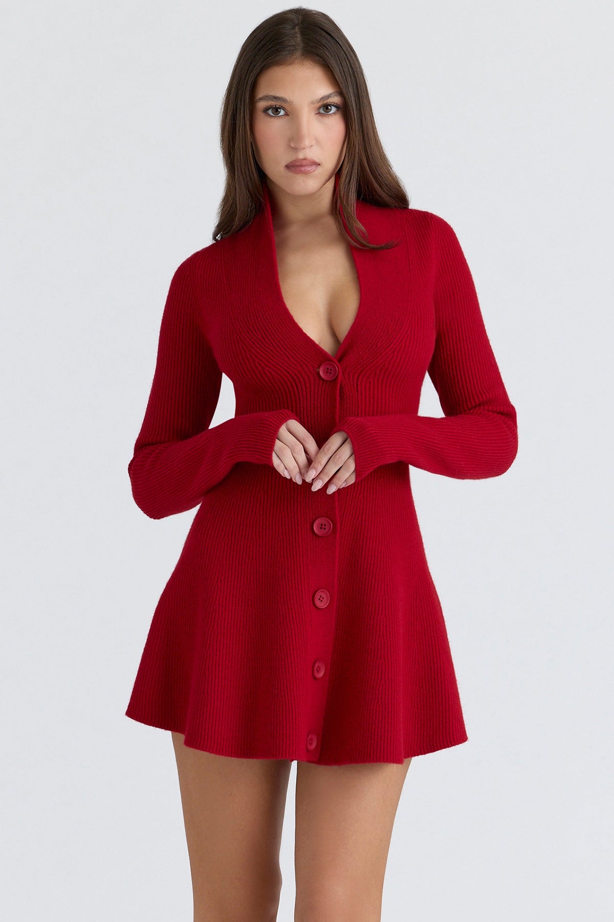 Aubrey Red Pure New Wool Cardigan Mini Dress