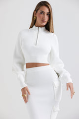 Reeva White Balloon Sleeve Ribbed Sweater