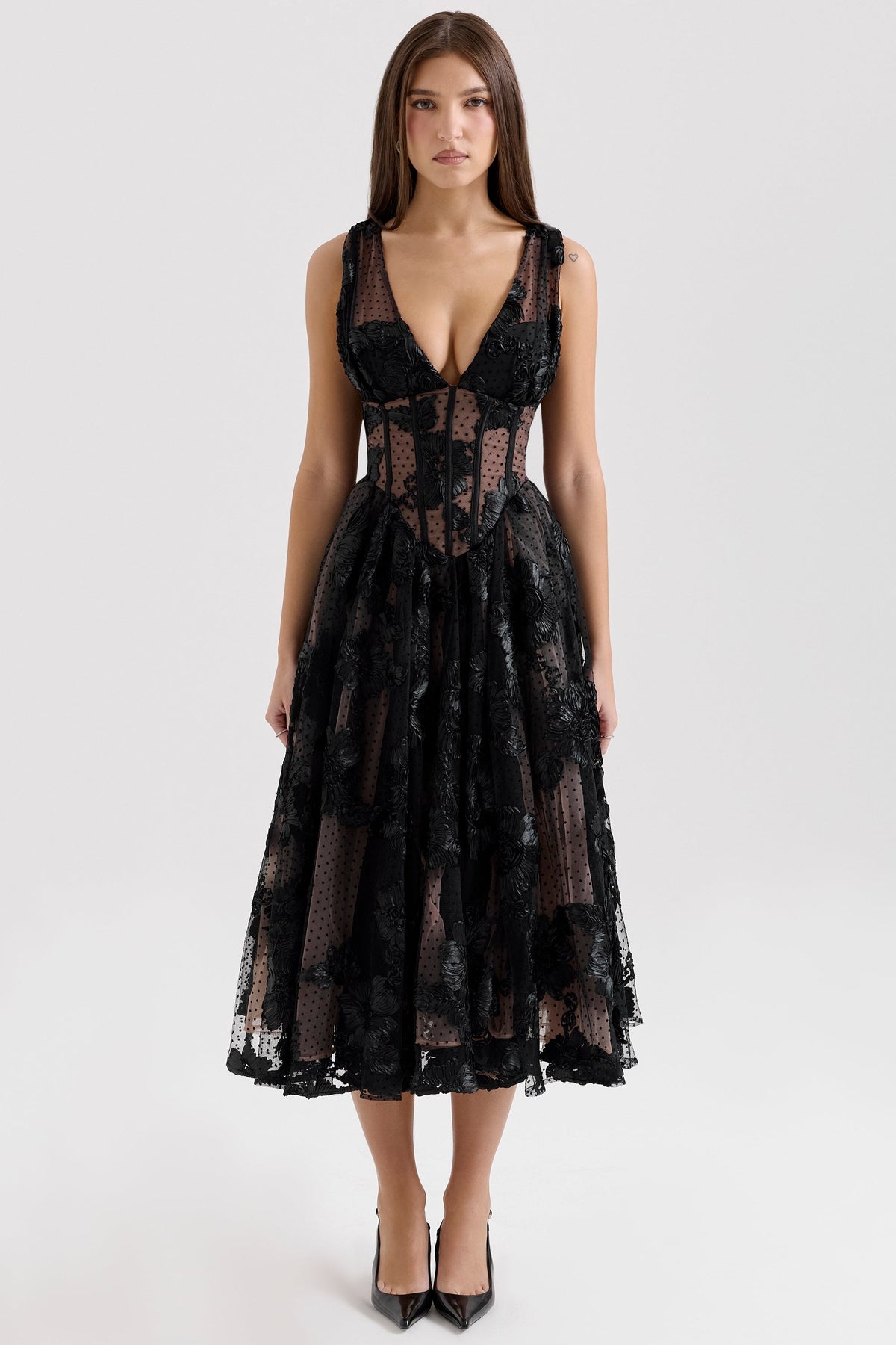 Sianna Black Embroidered Tulle Corset Midi Dress