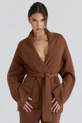 Madison Tan Pure Wool Draped Front Cardigan