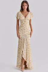Amina Lemon Floral Print Georgette Maxi Tea Dress