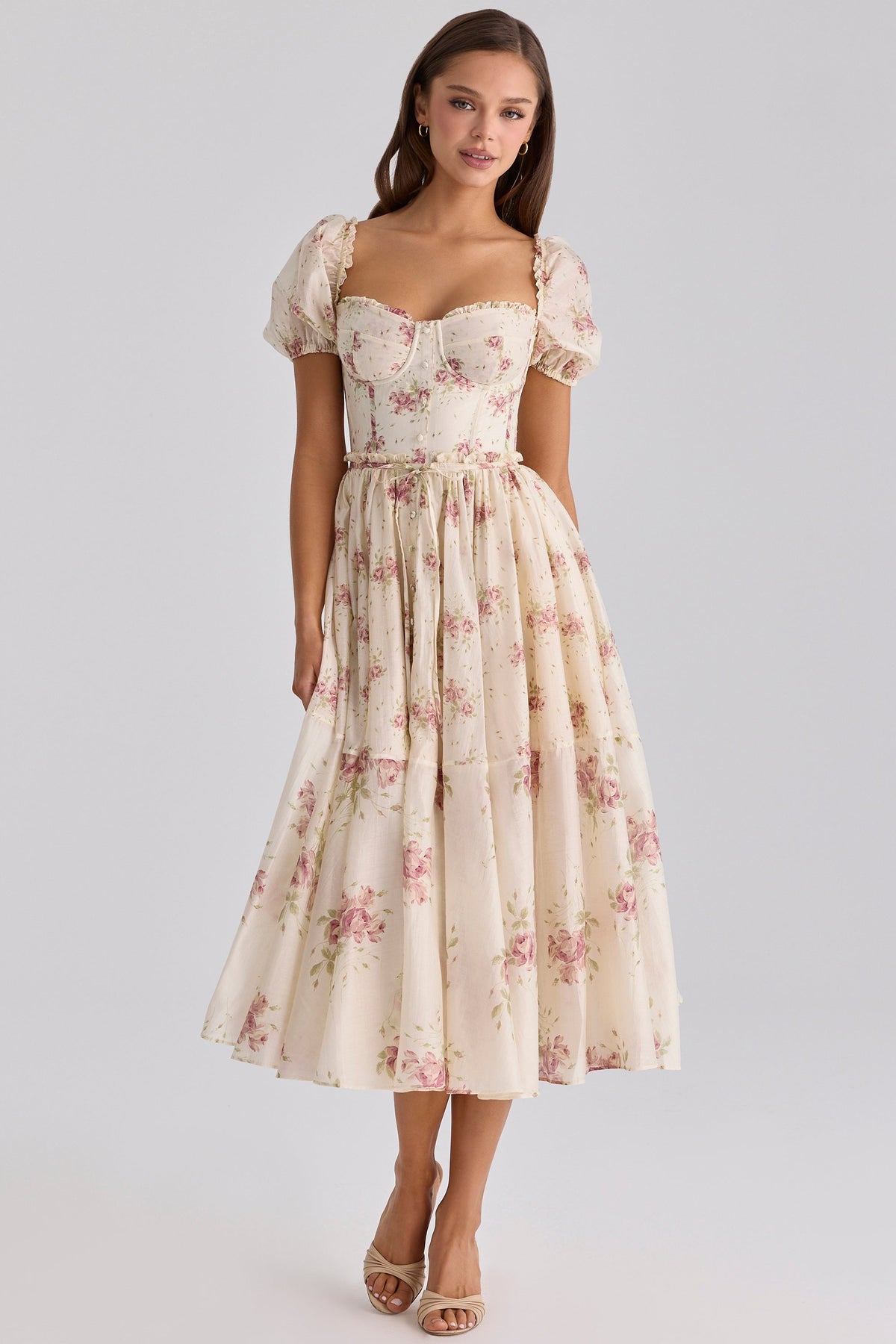 Penelope Ivory Vintage Rose Print Chiffon Midi Dress