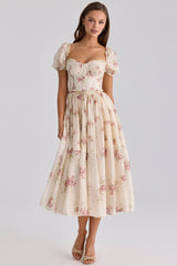 Penelope Ivory Vintage Rose Print Chiffon Midi Dress