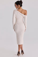 Arista Vintage Ivory Draped Crepe One Shoulder Midi Dress